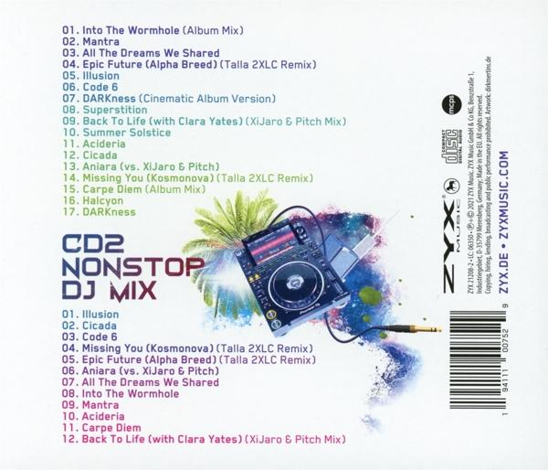 CD-Rückseite: Titelliste und Bilder. Enthält eine Schwarz-Weiß-Grafik eines DJ-Setups.