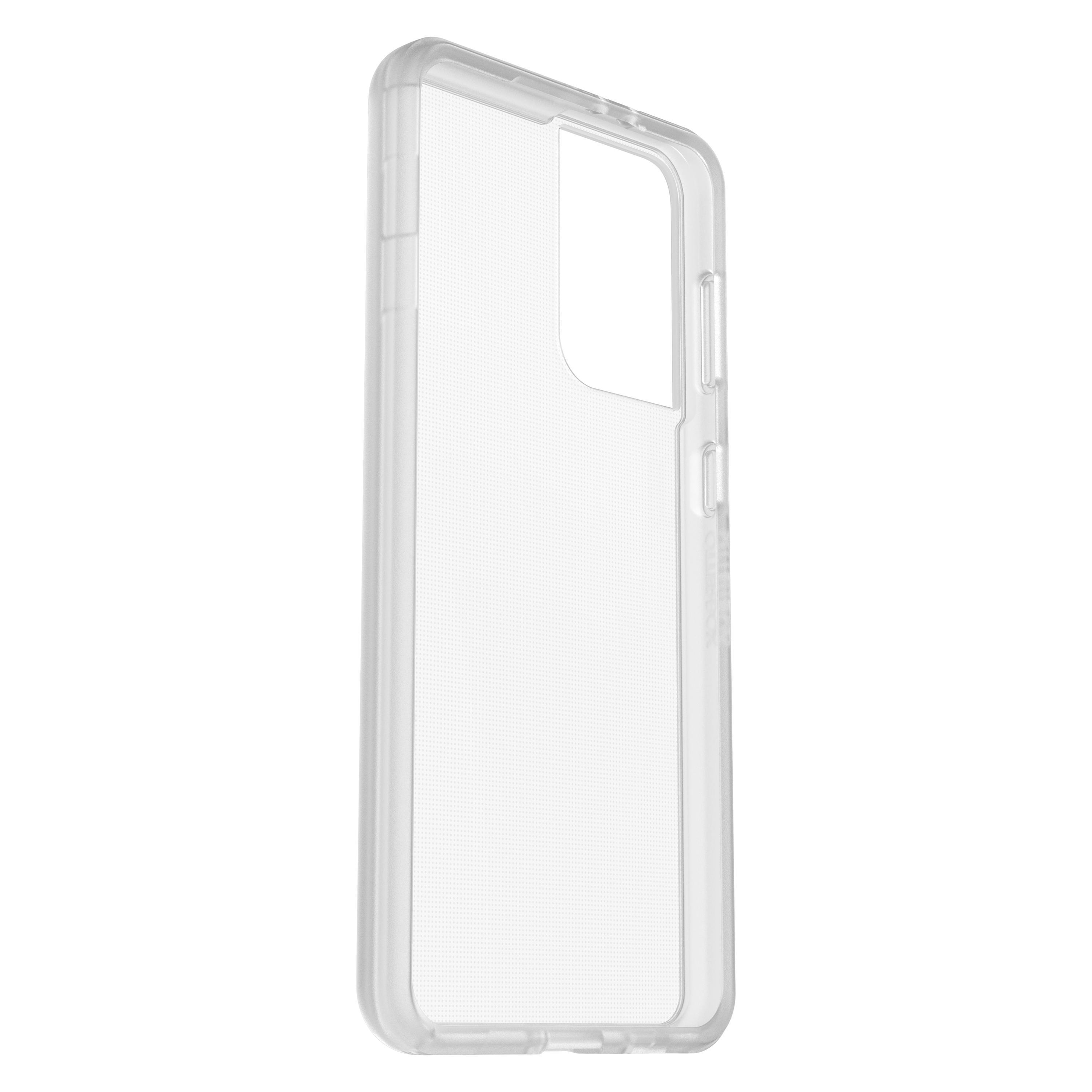 Eine transparente Handyhülle mit Gittermuster, Seitenansicht.