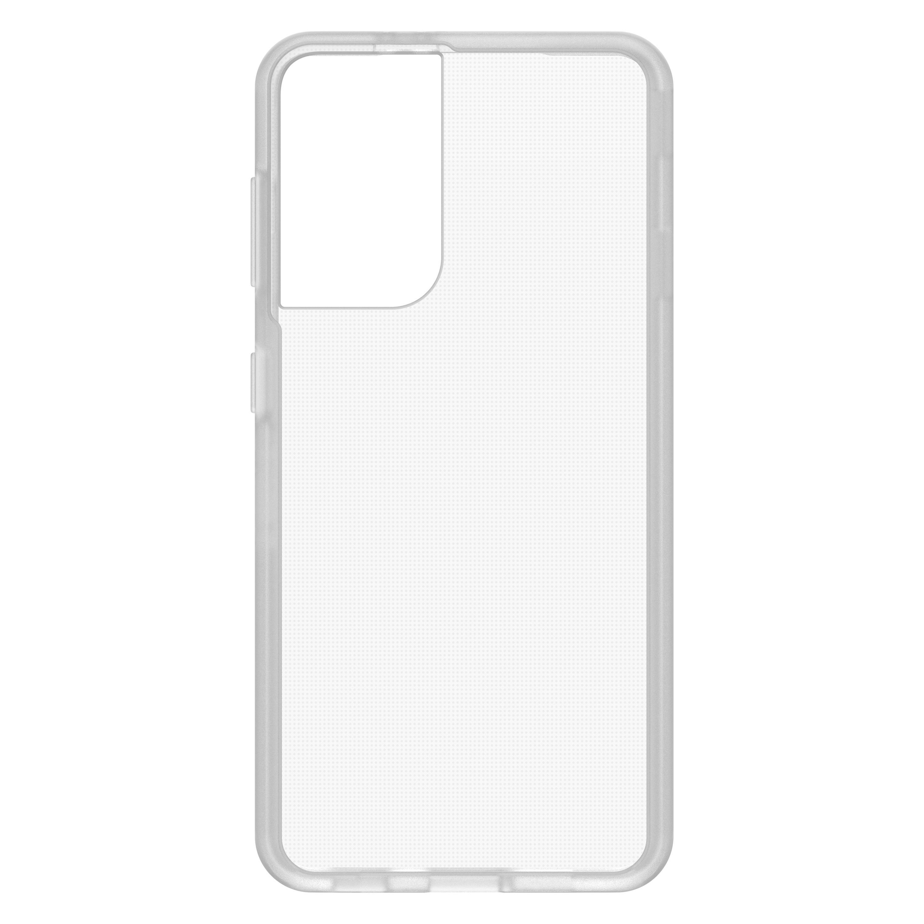 Eine transparente Handyhülle mit Kameraaussparung und Seitentasten auf weißem Hintergrund.