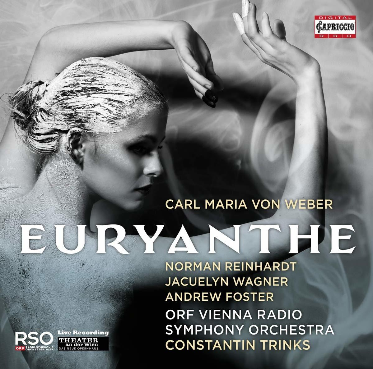 Albumcover für Euryanthe. Frau mit weißem Puder auf der Haut. Text: Carl Maria von Weber.