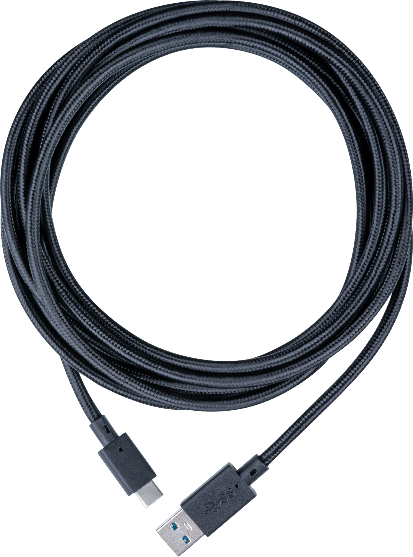 Black USB-C to USB-A cable, coiled, on a black background. Connectors at each end.