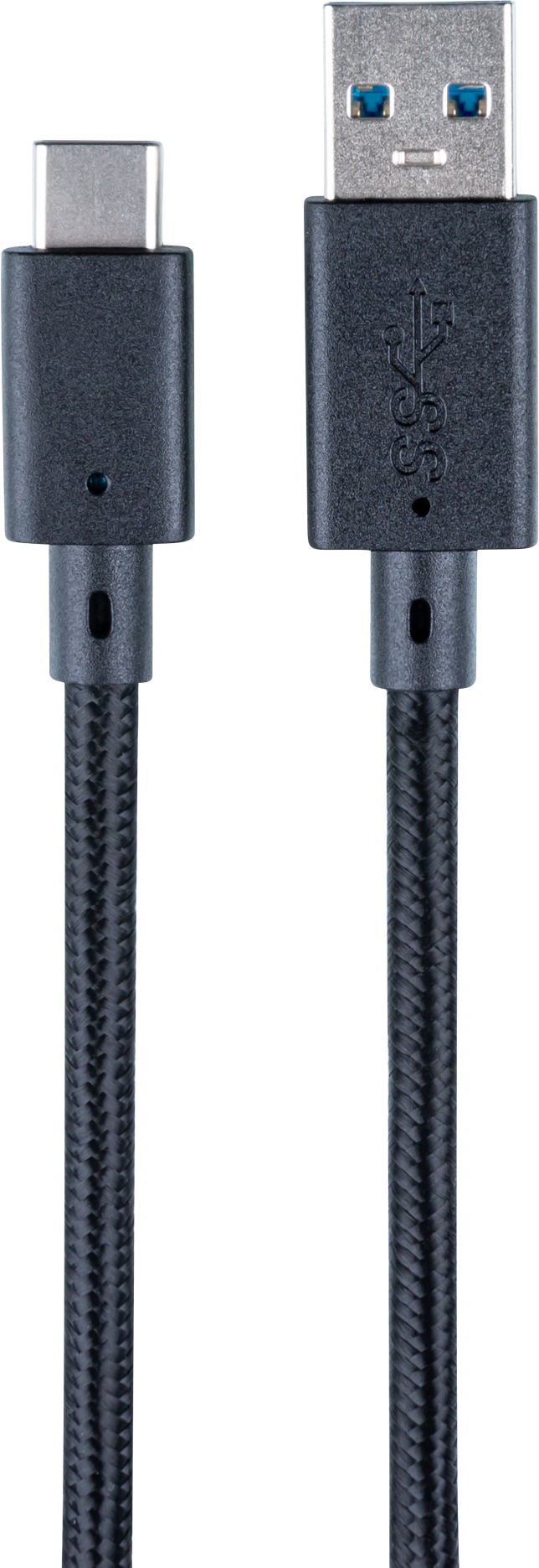 USB cable with a USB-C and a USB-A connector. The cable is black with a textured pattern, set against a black background.