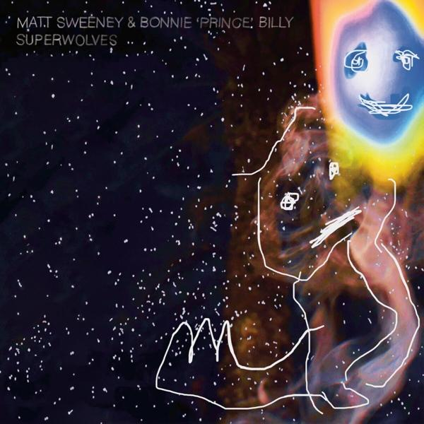Albumcover mit gezeichnetem Gesicht im Weltraum, mit Sternen und blauem Planeten. Text: 'Superwolves'.