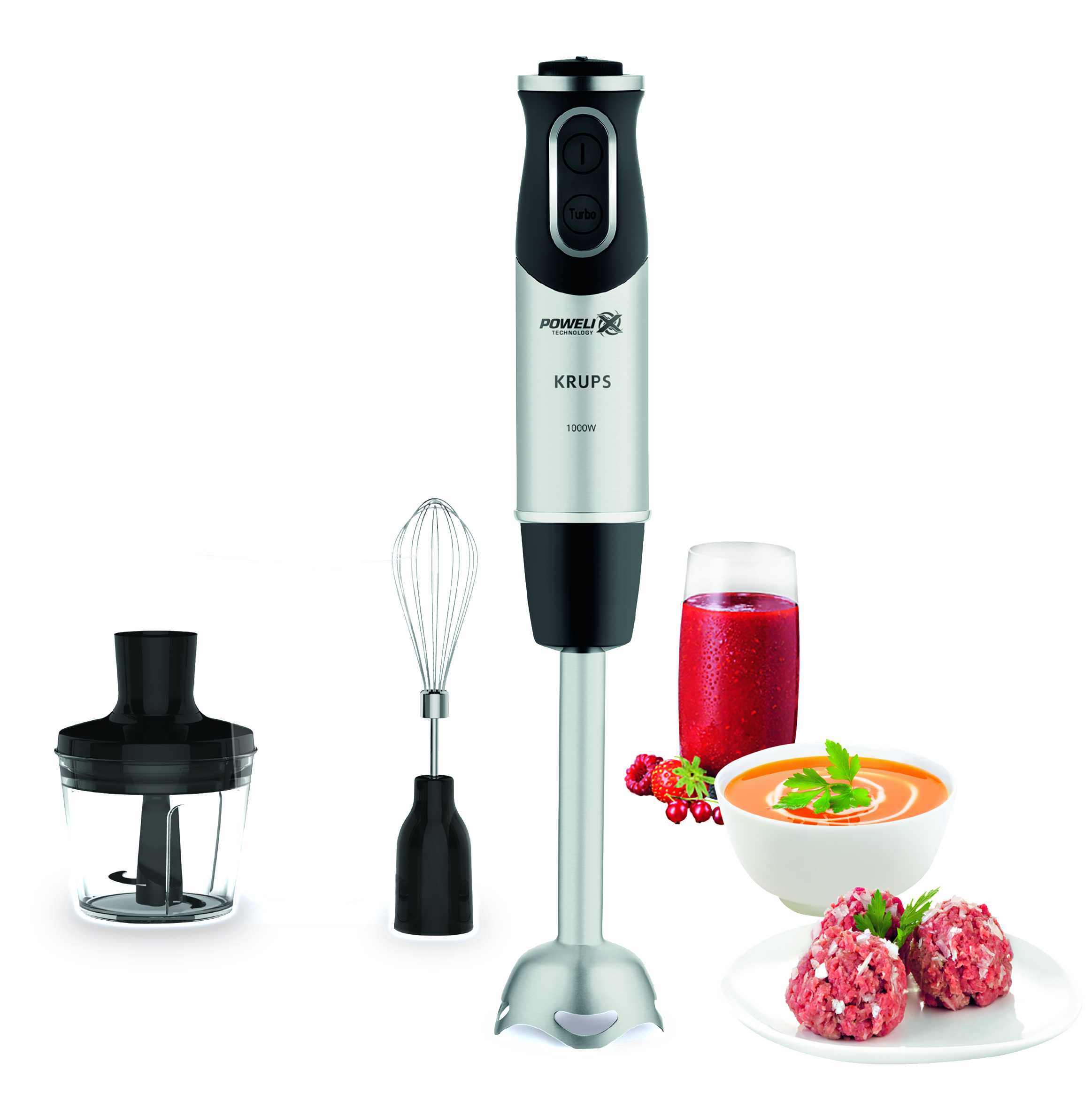 Ein KRUPS-Handmixer mit Zubehör und Lebensmitteln, darunter ein roter Smoothie und Fleischbällchen.