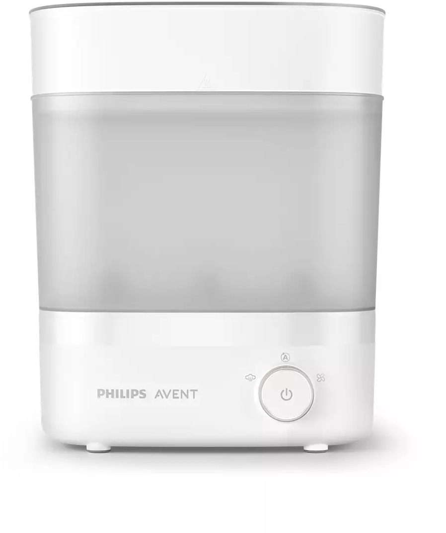 Fehér Philips Avent bébi cumisüveg sterilizáló. Lekerekített tetejű, áttetsző középső szakasz, fehér alap.