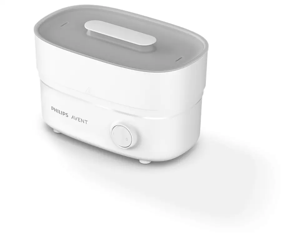Fehér és szürke Philips Avent cumisüveg sterilizáló, felülnézet.