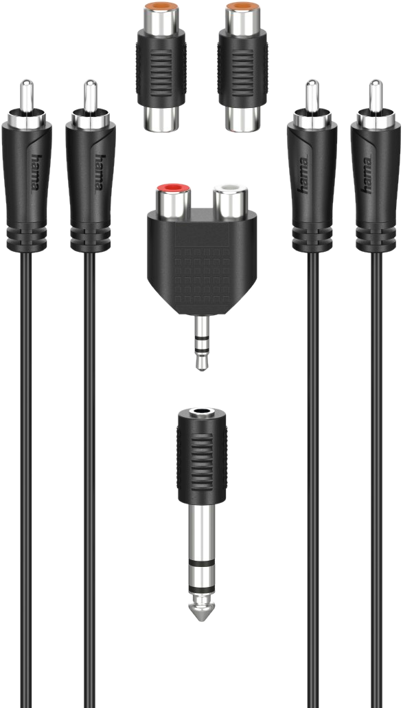 Audiokabels en adapters: RCA, jack en een connector.