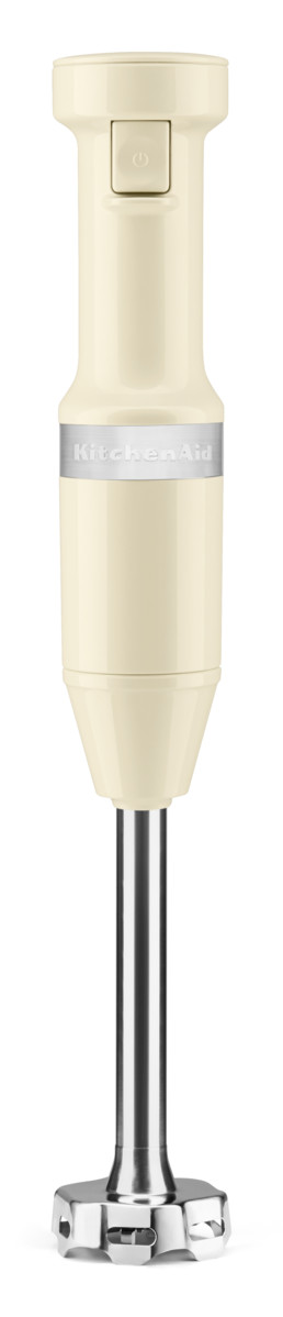 Ein cremefarbener Stabmixer mit einem Mixstab aus Edelstahl.