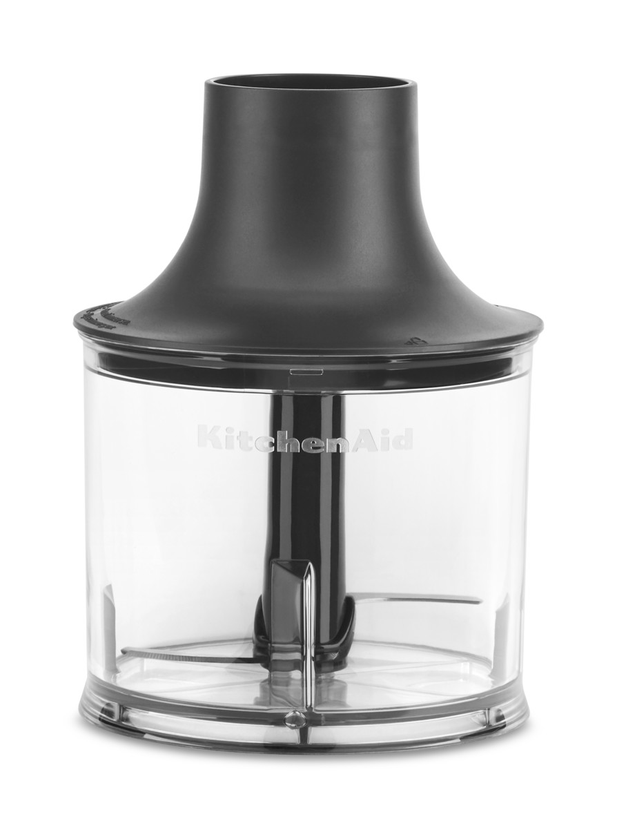 KitchenAid-Stabmixer, klarer Behälter mit schwarzen Mixerteilen.