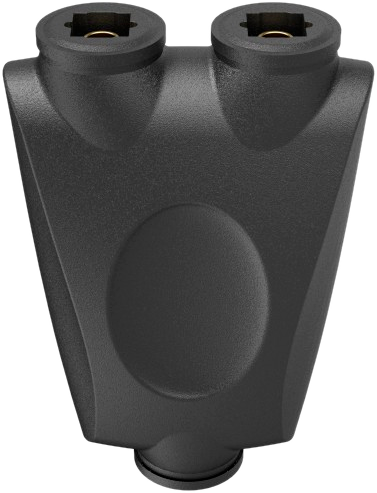 Een zwarte kunststof Y-connector met twee openingen.