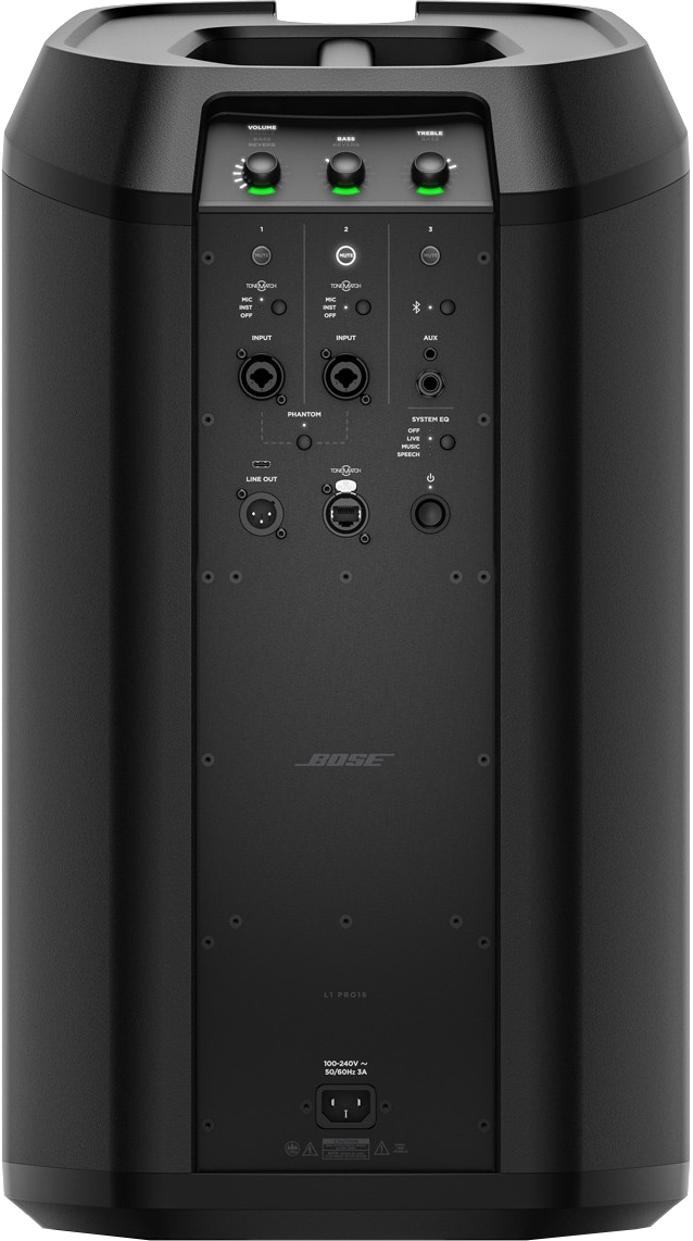 Bose L1 Pro16 hangszóró, fekete, hátulján vezérlőkkel és bemenetekkel.