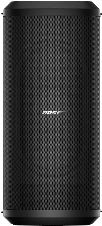 Egy magas, hengeres fekete Bose hangszóró a Bose logóval.