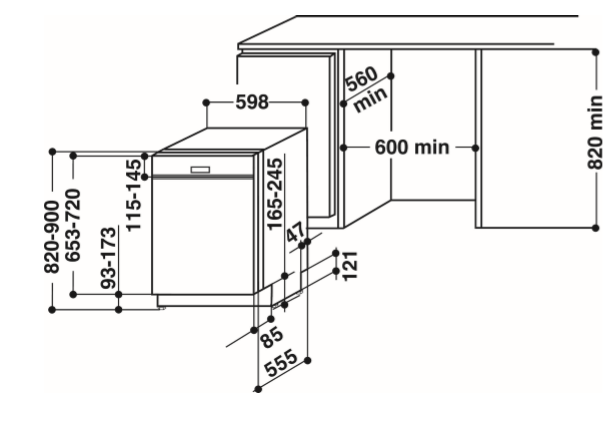 Egy mosogatógép diagramja, amely a méreteket mutatja. Méretek mm-ben. Fehér háttér.
