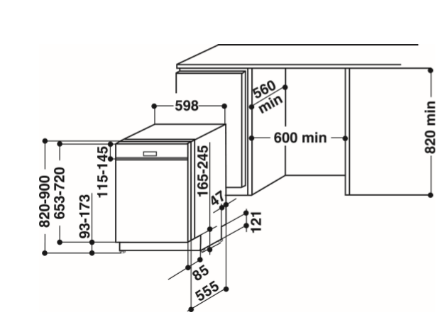 Diagram a beépített mosogatógép méreteit mutatja.