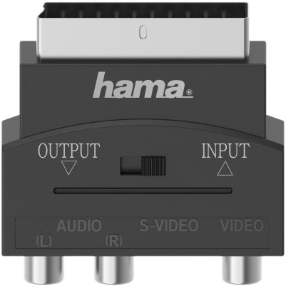 Zwarte SCART-adapter met input- en outputlabels en drie connectoren.