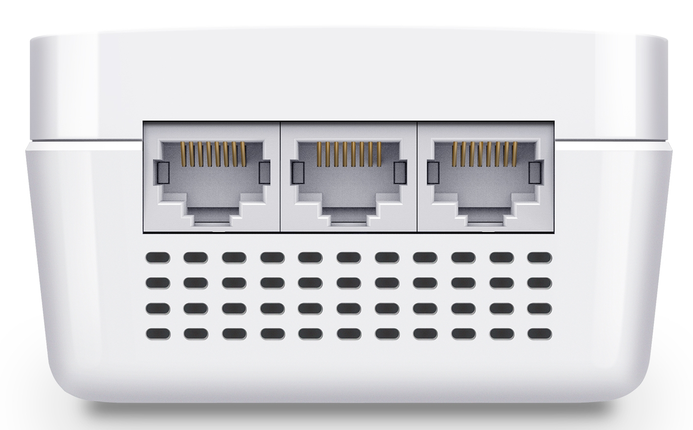 Rear view of a white device with three network ports and ventilation holes.