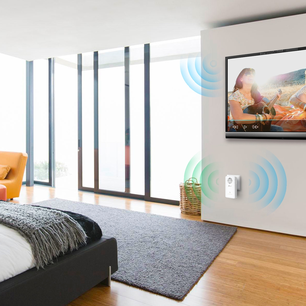 Room with TV showing a video. WiFi extender is on wall, emitting blue and green waves.