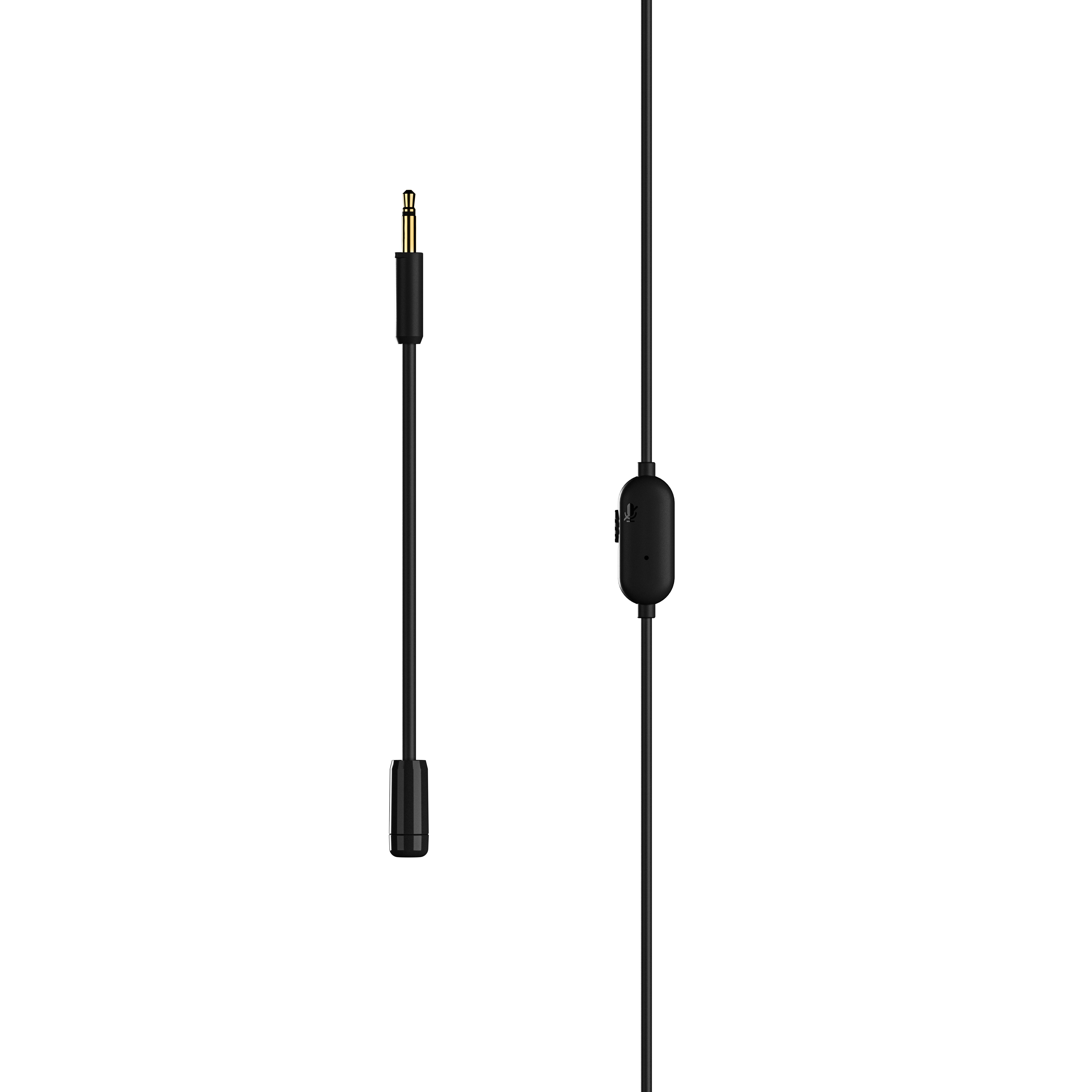 Siyah arka planda 3,5 mm jaklı ve kontrol modüllü siyah ses kablosu.