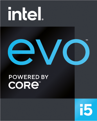 Intel Evo Powered by Core i5 Logo auf dunklem Grund. Blauer und weißer Text.