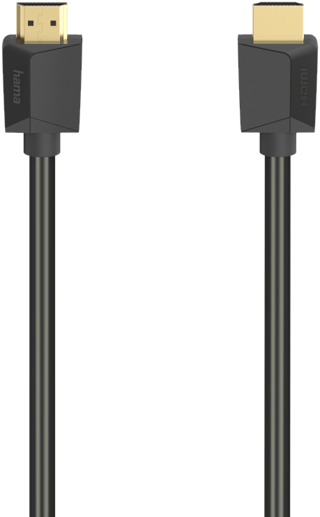 Câble HDMI noir avec connecteurs dorés sur fond blanc.
