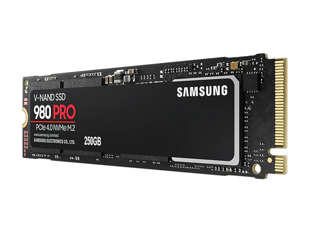 Una SSD Samsung 980 PRO con etiqueta negra y marca Samsung.