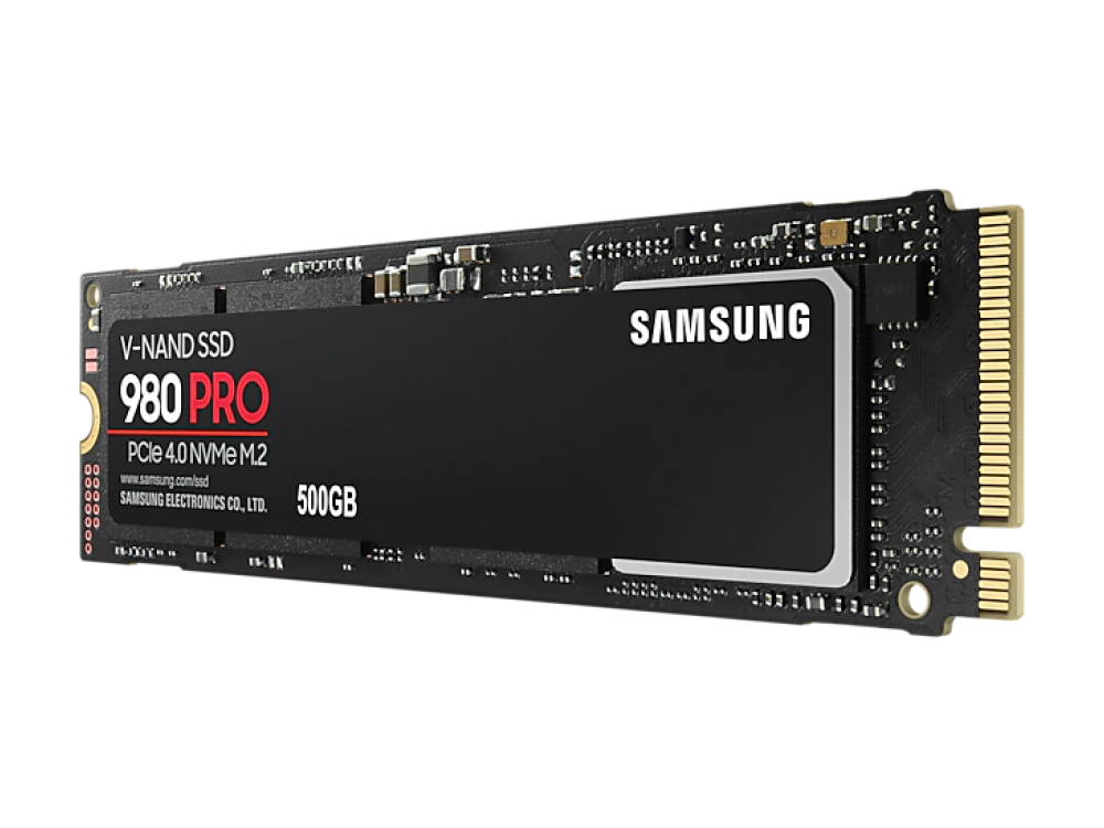 Una unidad SSD negra con el logotipo blanco 'SAMSUNG' y el texto '980 PRO', sobre fondo blanco.