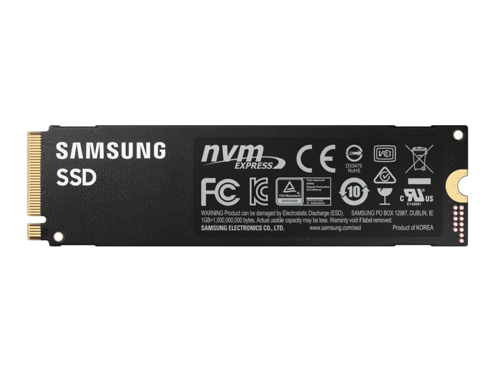 Una unidad SSD Samsung negra con etiquetas y conectores, sobre fondo blanco.