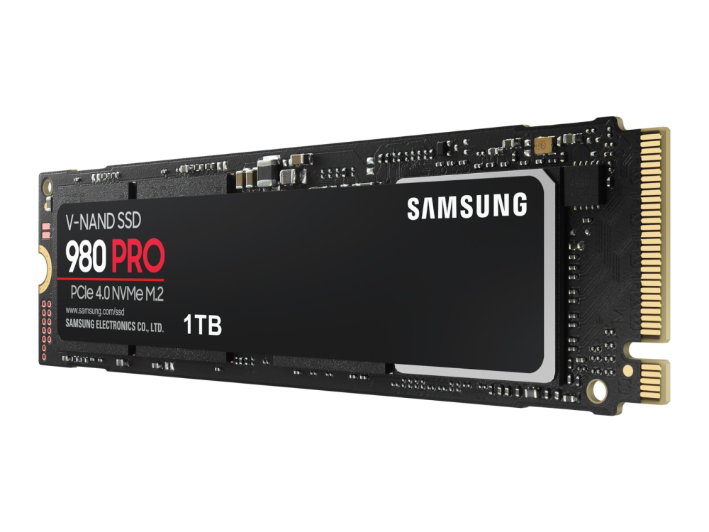 Una unidad SSD negra con texto blanco. Dice 'SAMSUNG 980 PRO' y '1TB' sobre una superficie negra.