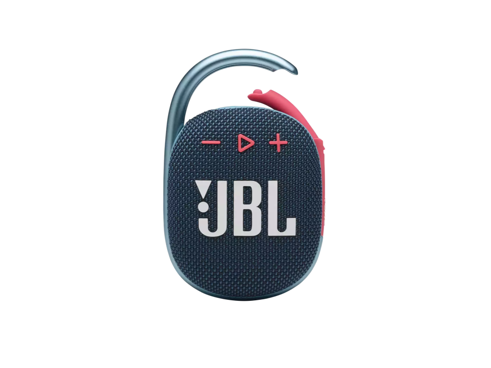 Un altavoz JBL Clip azul y rosa, con un mosquetón plateado.
