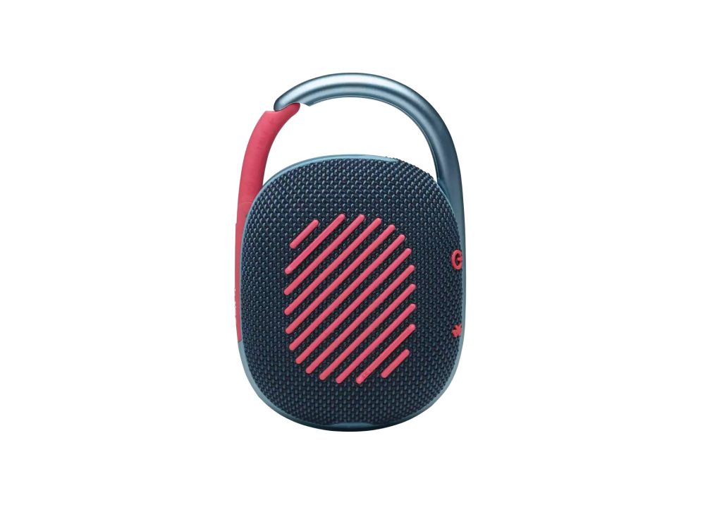 Altavoz azul oscuro con rejilla roja y asa plateada, sobre fondo negro.