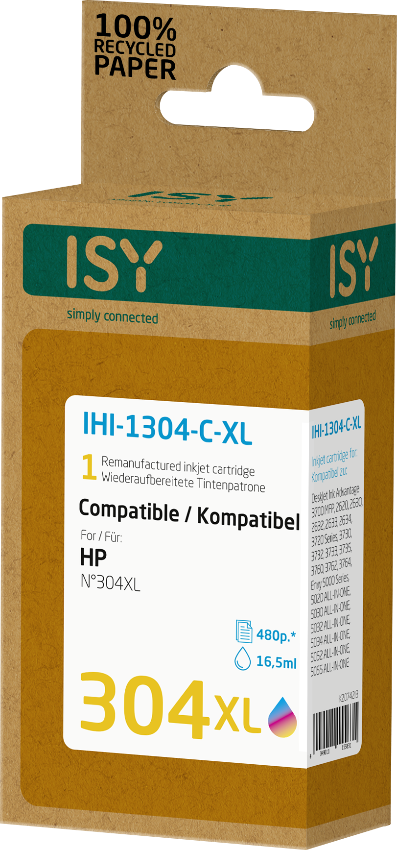 Eine Pappschachtel mit einer Tintenpatrone, bezeichnet als IHI-1304-C-XL, mit der Marke ISY.