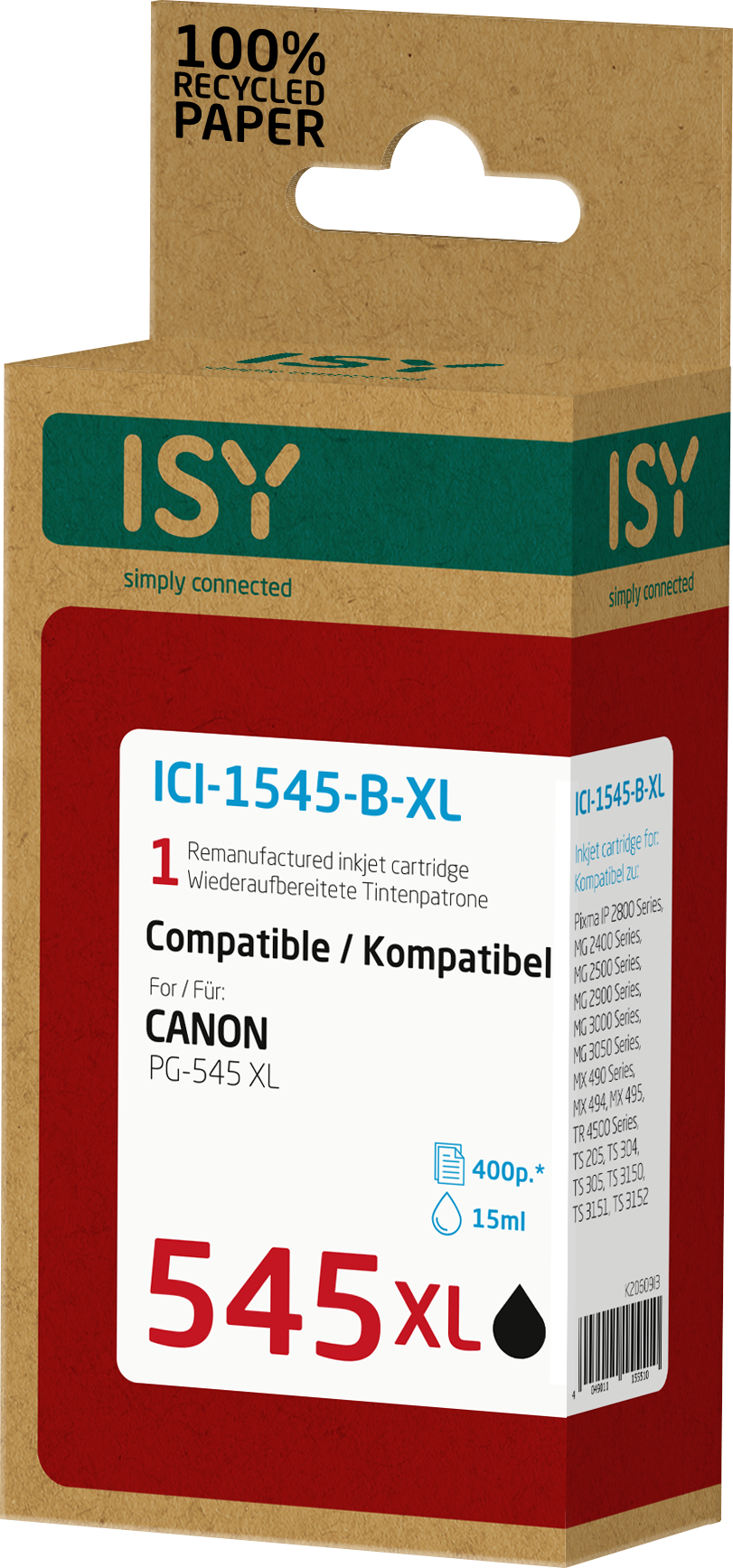 Tintenpatronenbox. Rote, weiße und braune Farben. Text und Logo: ISY simply connected.