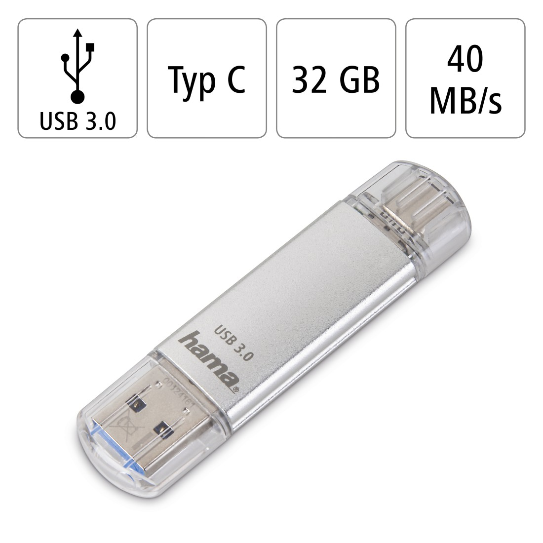 Silberner USB 3.0-Flash-Laufwerk mit durchsichtiger Kunststoffkappe, mit Symbolen und Text in der Nähe.