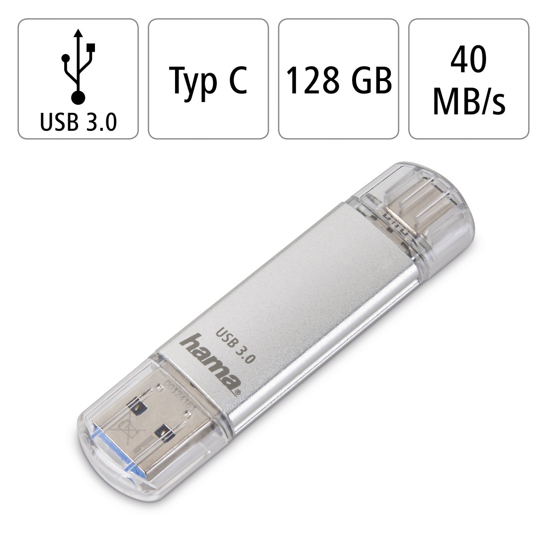 Silberner USB 3.0-Flash-Laufwerk mit durchsichtiger Kunststoffkappe, mit Symbolen und Text in der Nähe.