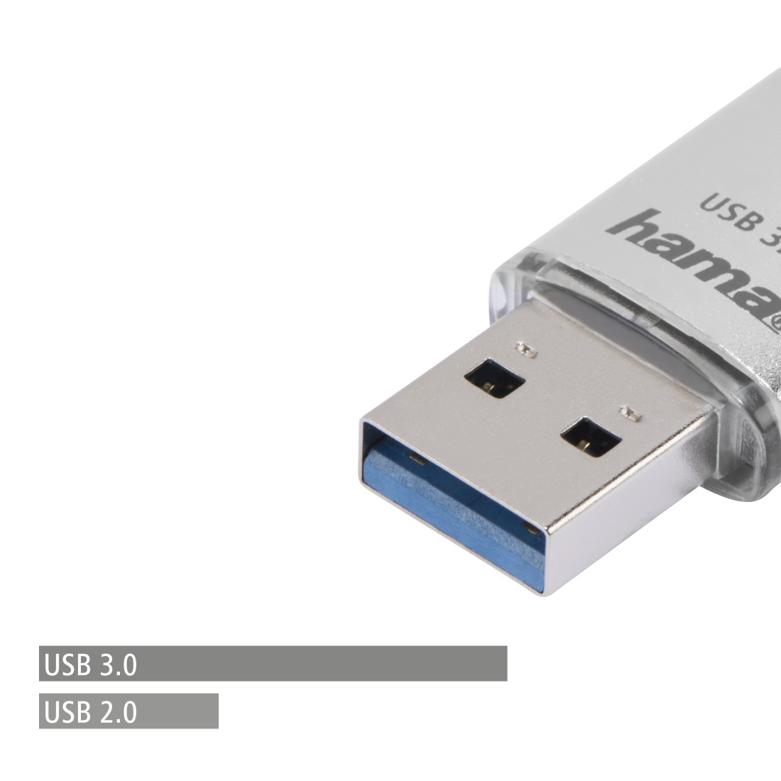 Silberner USB-Stick mit blauem Anschluss, auf weißem Hintergrund, mit Text.