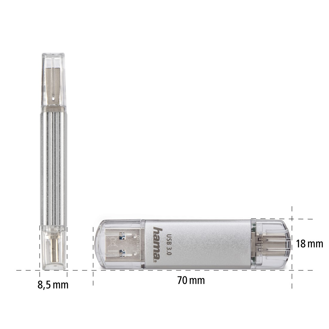 Silberner Dual-USB-Stick mit Abmessungen: 8,5 mm, 70 mm und 18 mm.
