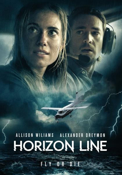 Filmposter: Twee mensen in een vliegtuig. De titel luidt 'Horizon Line'. Onweer en een vliegtuig.