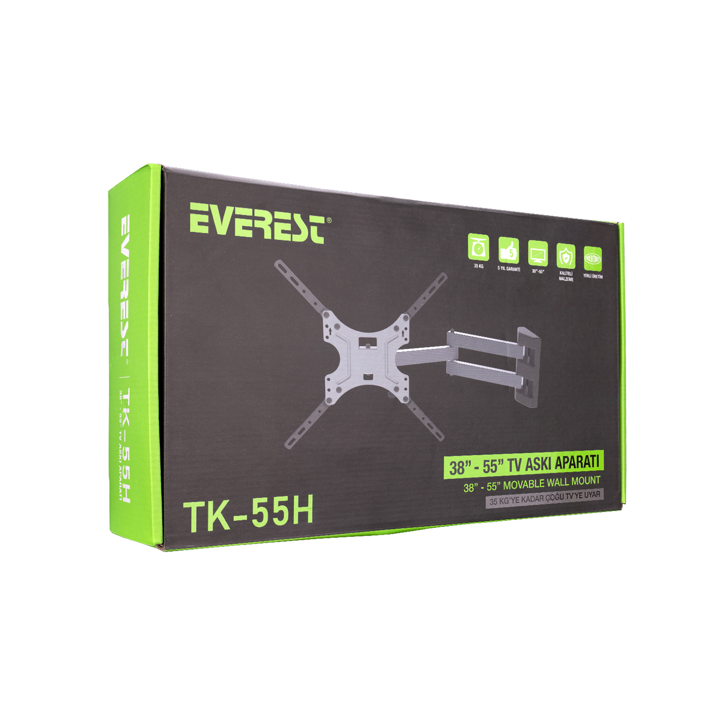 Yeşil ve siyah bir Everest TV montaj kutusu, bir TV montaj görüntüsü ve metin ile.