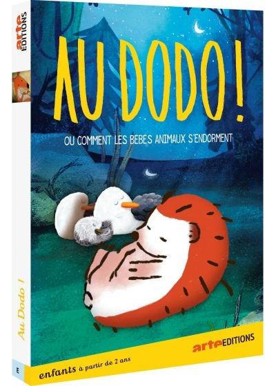 Couverture de livre avec un hérisson endormi et deux oiseaux. Texte 'Au Dodo !' et texte en français.