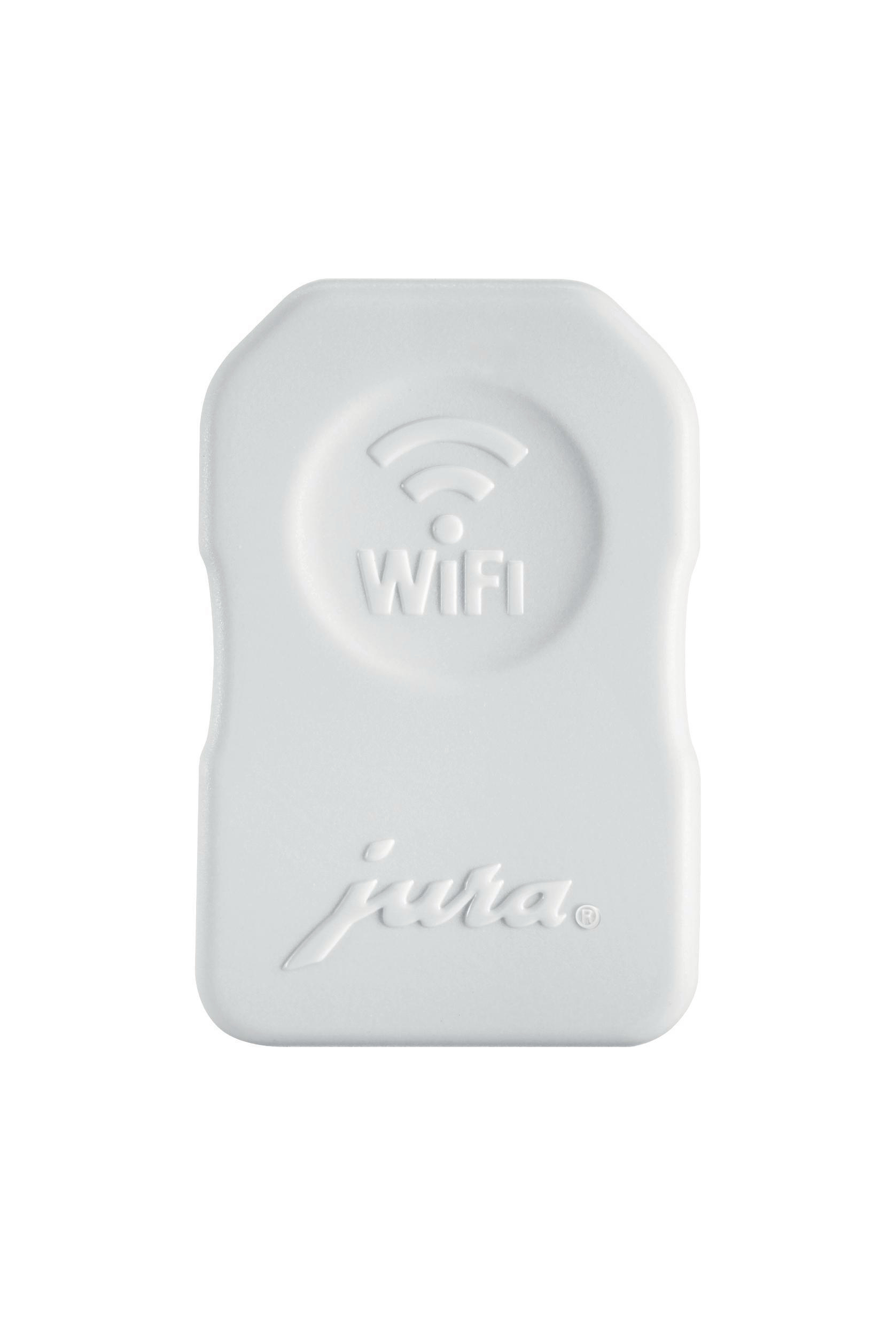 Weißer Wi-Fi-Anschluss mit 'jura' und Wi-Fi-Symbol, auf weißem Hintergrund.