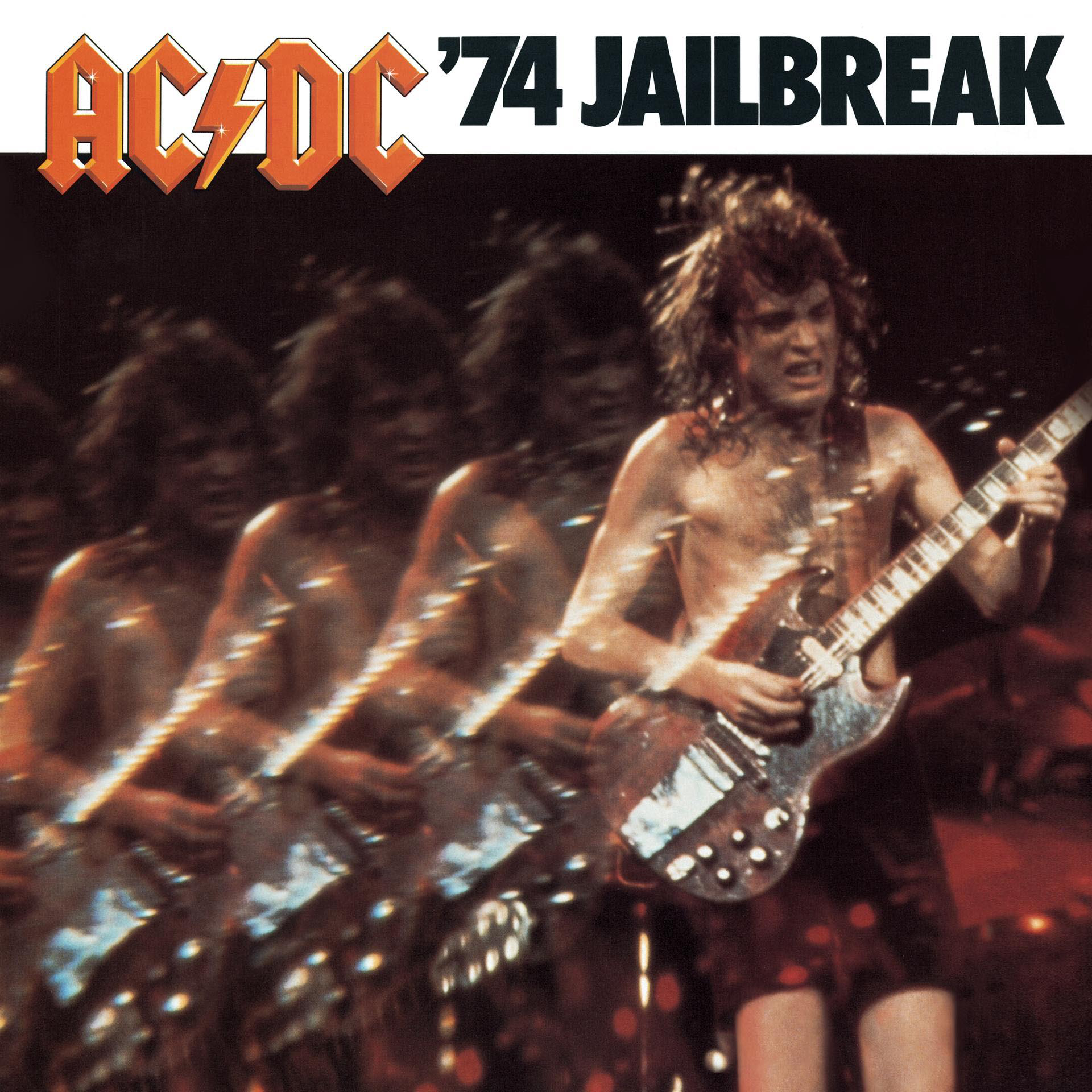 AC/DC '74 Jailbreak Albumcover mit Gitarrist, der spielt, umgeben von anderen Gitarristen.
