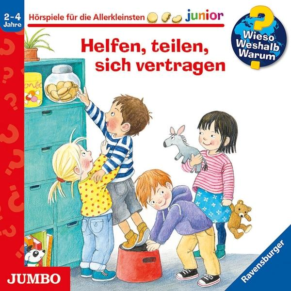 Kinder auf einem Buchcover, die nach Gegenständen in einem Schrank greifen. Text: 'Helfen, teilen, sich vertragen'.