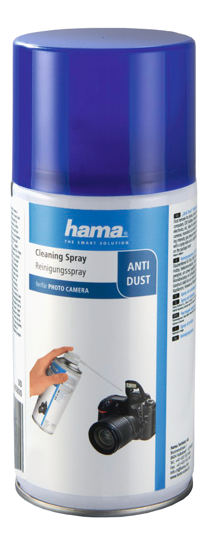 Blaue Dose Reinigungsspray mit einer Fotokamera.
