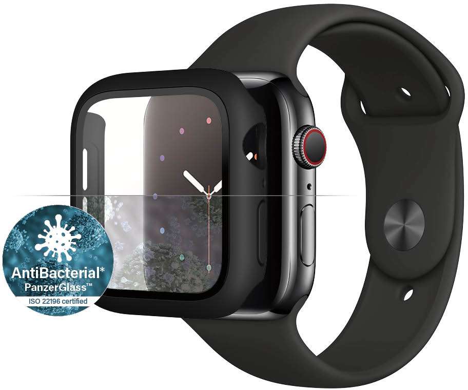 Black smartwatch with a screen protector. Screen shows the time and date.