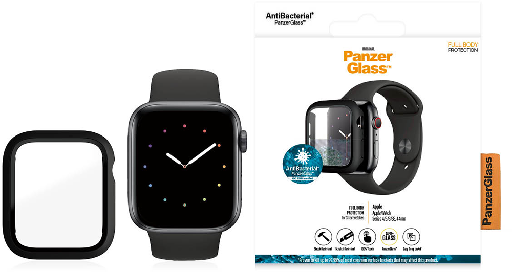 A smartwatch with a screen protector and a case, with packaging on the right.