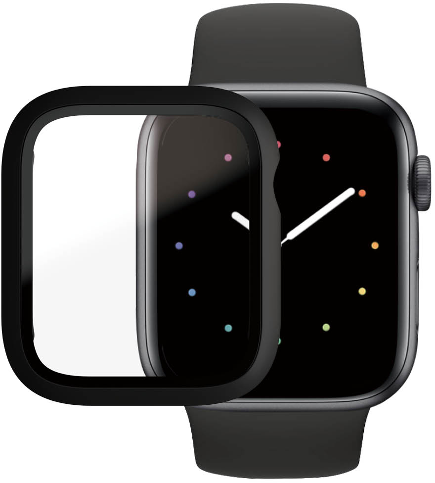 Black smartwatch with a screen protector. The screen displays a watch face.