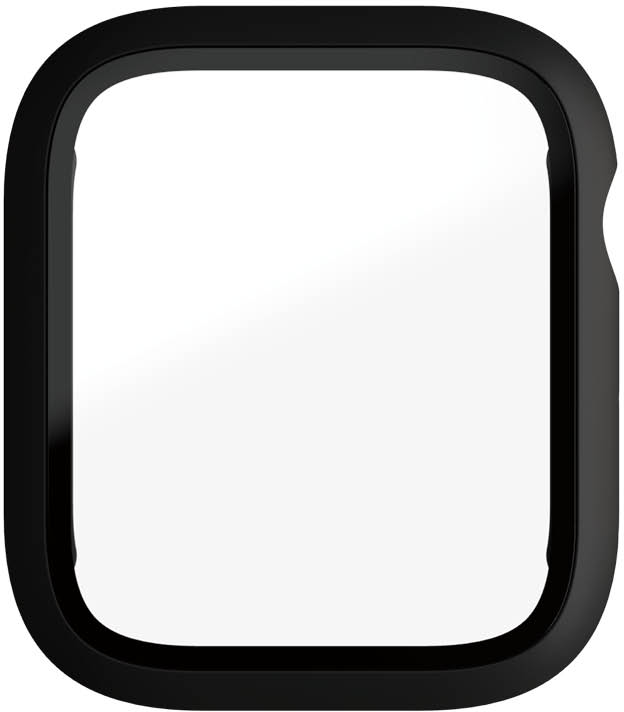 Black watch case with a clear screen. White background. Square shape.