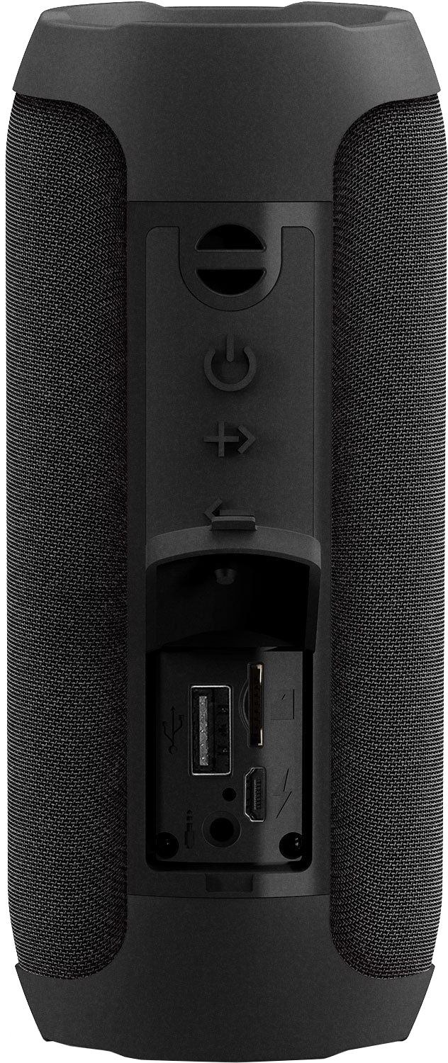 Fekete hangszóró nyitott hátlappal, USB, SD és egyéb bemeneti portokkal.