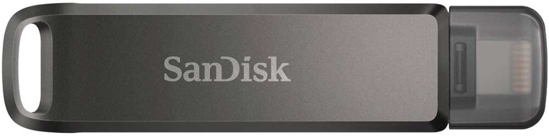 Une clé USB Sandisk, elle est grise et possède une boucle.