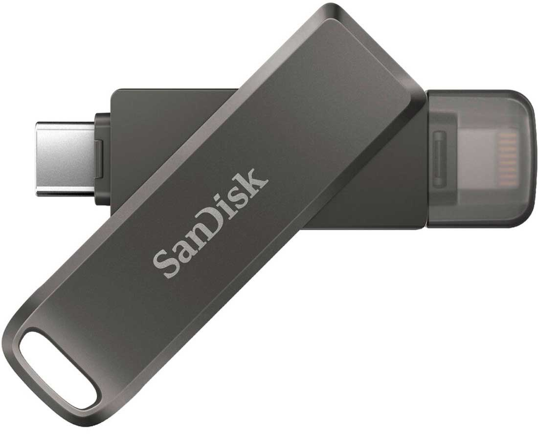 Clé USB SanDisk grise avec connecteur USB-C et capuchon.